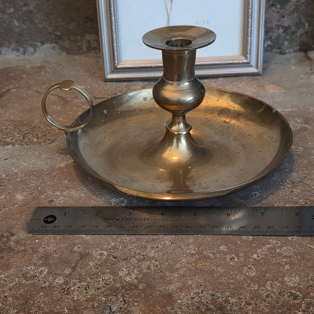 Vintage Brass Chamberstick Candle Holder Finger Loop Saucer Base Made in India